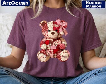 Valentine’s Day Bear T-Shirt, Bear Faux Yarn Patchwork Shirt, Couple Bear Tee, Valentine Gifts, Gift For Her, Love Sweatshirt, Heart Gifts