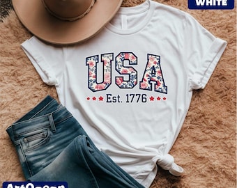 Floral USA Shirt, USA Est 1776 Tee, American Girl Shirt,  Girly 4th of July Tee, Patriotic Women Shirt, Independence Day Gift Patriotic Mom