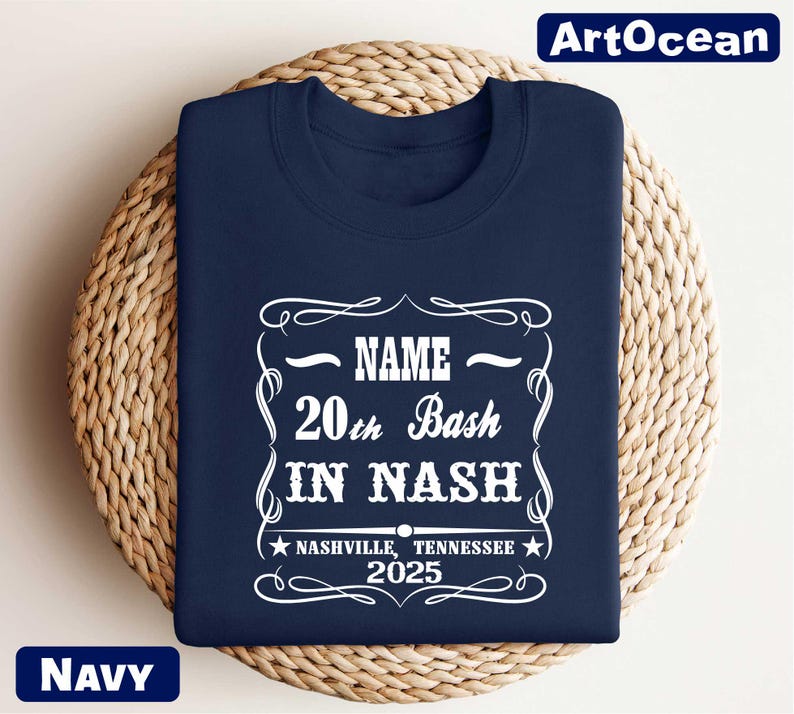a navy t - shirt with a name and a picture on it