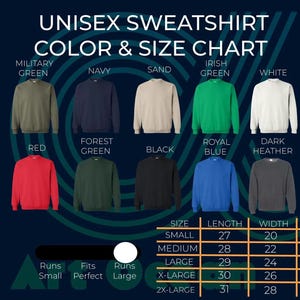 The image is a color and size chart for a unisex sweatshirt, displaying various color options and corresponding sizes.
