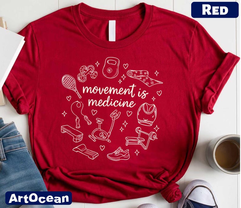 A red t-shirt with the text "moves medicine" printed on it, surrounded by various fitness-related icons such as a tennis racket, dumbbells, and a yoga mat.