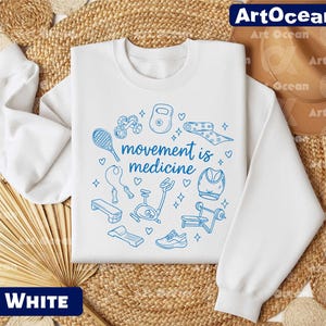 A white sweatshirt with a blue graphic design printed on it, featuring various sports and fitness-related icons.