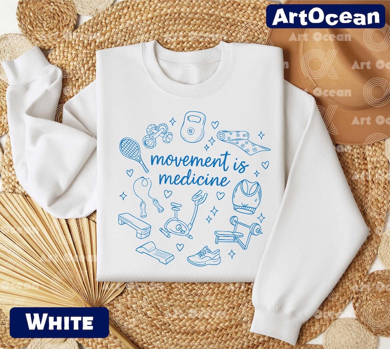 A white sweatshirt with a blue graphic design printed on it, featuring various sports and fitness-related icons.