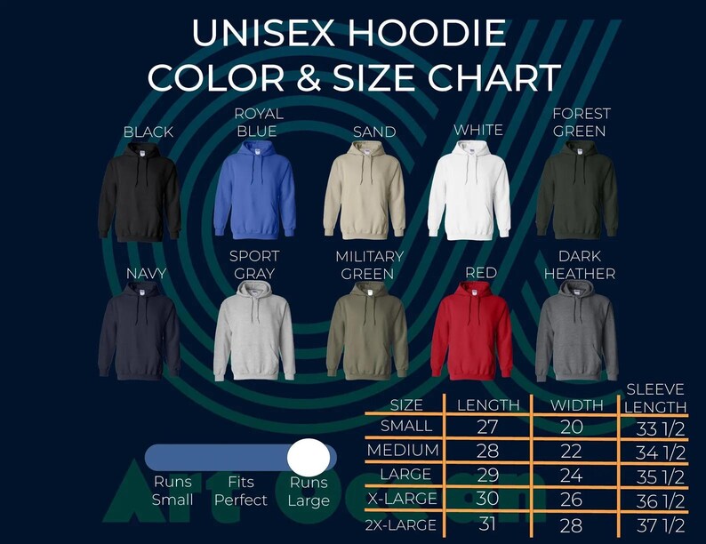 The image is a color and size chart for a unisex hoodie, displaying various color options and corresponding sizes.