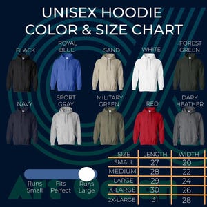 The image is a color and size chart for a unisex hoodie, displaying various color options and corresponding sizes.