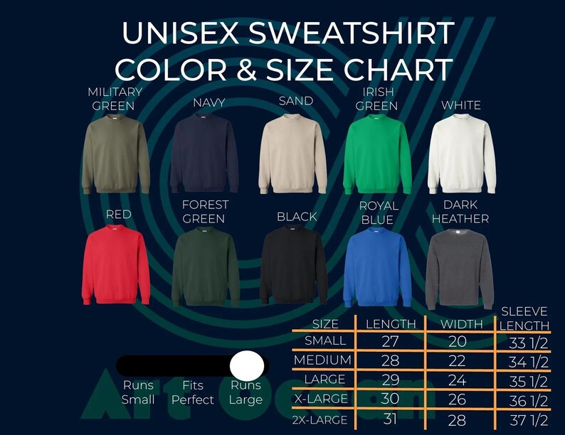 The image is a color and size chart for a unisex sweatshirt, displaying various color options and corresponding sizes.