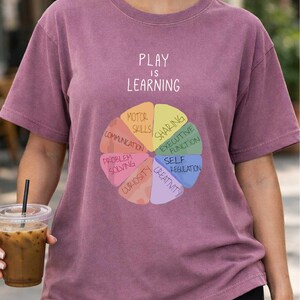 A person wearing a purple t-shirt with a colorful wheel graphic and the text "Play is Learning" printed on it.