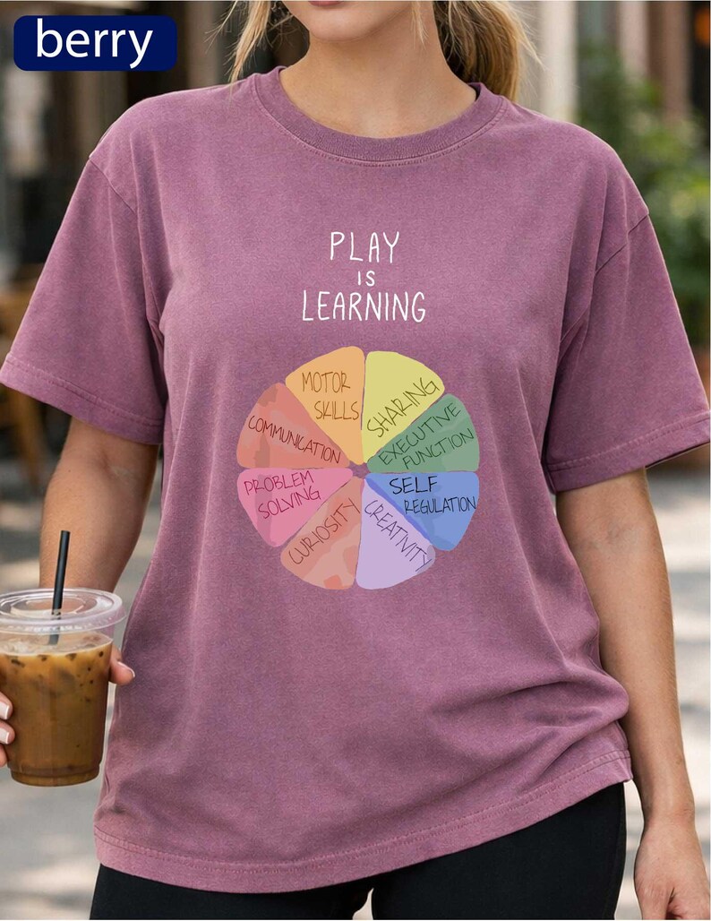 A person wearing a purple t-shirt with a colorful wheel graphic and the text "Play is Learning" printed on it.