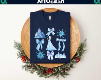 Princess Elsa Watercolor Coquette Bow Sweatshirt,Frozen Elsa Women's Tee,Elsa Frozen Castle Tee,Disney Girls Matching Xmas,Disneyland Xmas