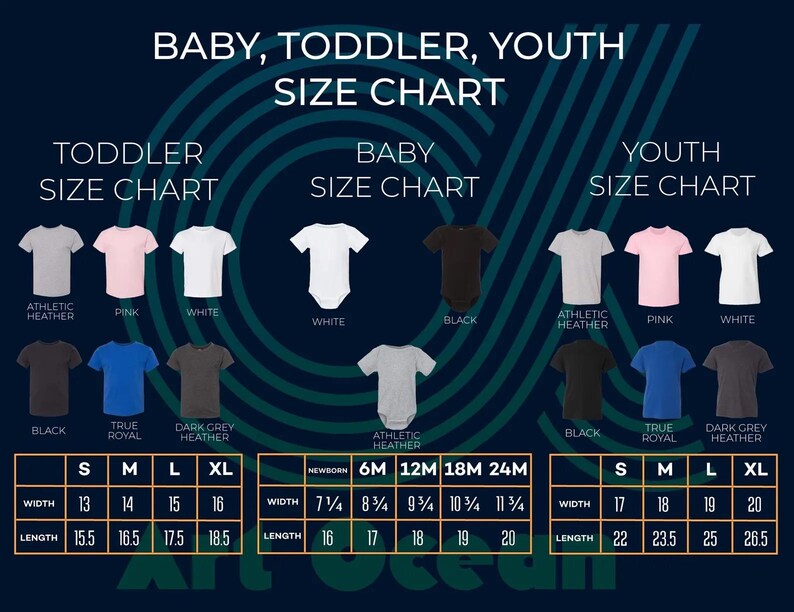 The image is a size chart for baby, toddler, and youth clothing, displaying various clothing sizes and styles for different age groups.