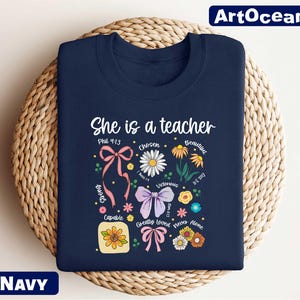 She is a Teacher Coquette Bow Sweatshirt, Boho Christian Teacher Shirt, Christian Bow, Bible Verses Tee, Teacher Floral Mother’s Day Gift