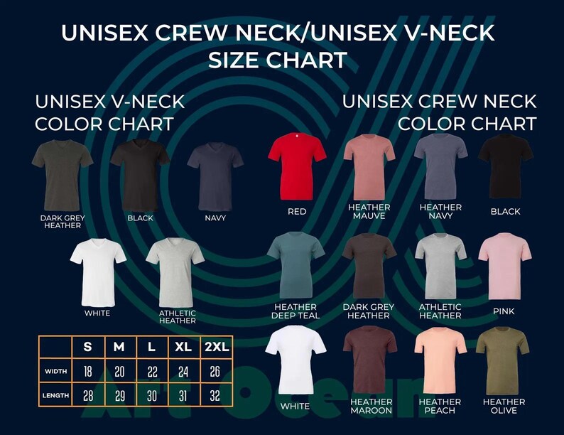 The image is a size chart for crew neck and v-neck t-shirts, displaying various color options and corresponding sizes.