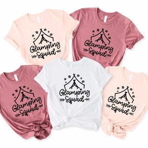 a group of three t - shirts with the words camping squad printed on them