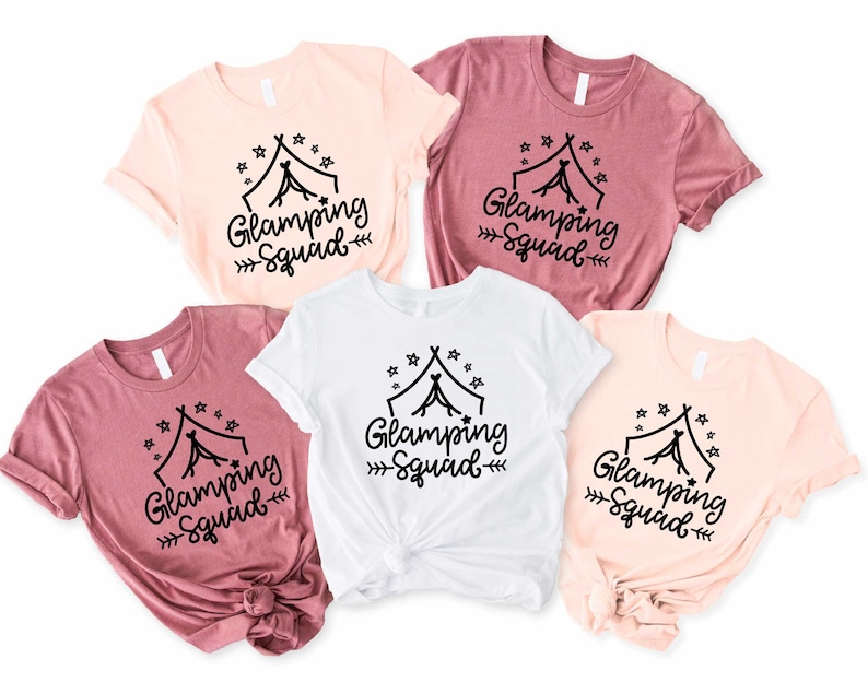 a group of three t - shirts with the words camping squad printed on them