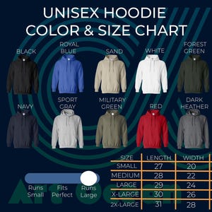 a poster showing the different hoodie colors and sizes