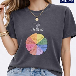 A woman wearing a gray t-shirt with a colorful wheel graphic and the text "PLAY IS LEARNING" printed on it.