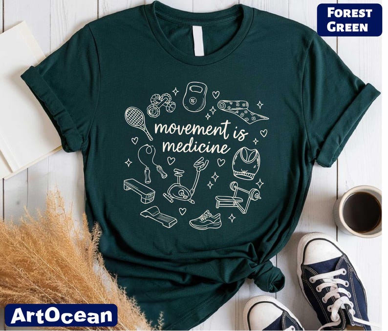 a green t-shirt with a white graphic design, a pair of sneakers, a cup of coffee, and some plants.