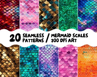 Mermaid Scales Digital Seamless Pattern Set 20 High Quality Printable Images Commercial Use Art Summer Fantasy Wallpaper Ocean Marine Life