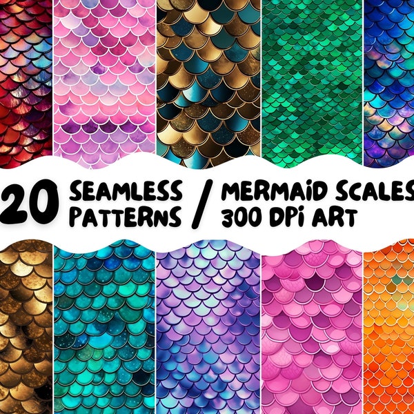 Mermaid Scales Digital Seamless Pattern Set 20 High Quality Printable Images Commercial Use Art Summer Fantasy Wallpaper Ocean Marine Life