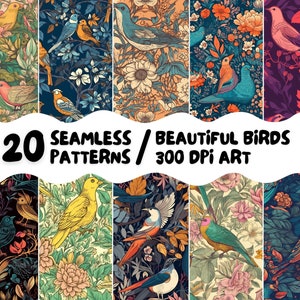 鳥と花のデジタルシームレスパターンセット 20枚の高品質印刷可能画像 商用利用アートコレクション フィンチ鳥小屋 ヴィンテージ DIY 壁紙