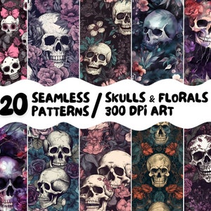 Conjunto de padrão digital sem costura de caveiras e florais 20 imagens imprimíveis de alta qualidade para uso comercial arte para impressão goth punk princesa flores escuras