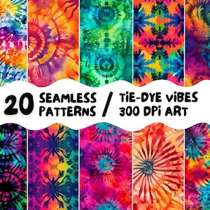 May include: 20 seamless tie-dye patterns in vibrant colors, perfect for digital projects. 300 DPI art.