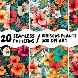 Conjunto de padrão digital sem costura de plantas de hibisco 20 imagens imprimíveis de alta qualidade para uso comercial arte verão floral papel de parede DIY natureza tropical