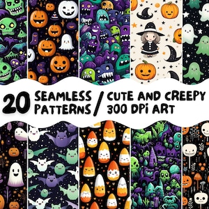 Halloween Cute & Creepy Digital Seamless Pattern Set 20 High Quality Printable Images Commercial-Use Art Collection Fun Wallpaper Stationary
