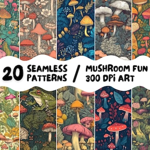 Conjunto de padrão sem costura de cogumelos 20 imagens imprimíveis de alta qualidade para uso comercial coleção de arte vintage natureza fantasia papel de parede cottagecore