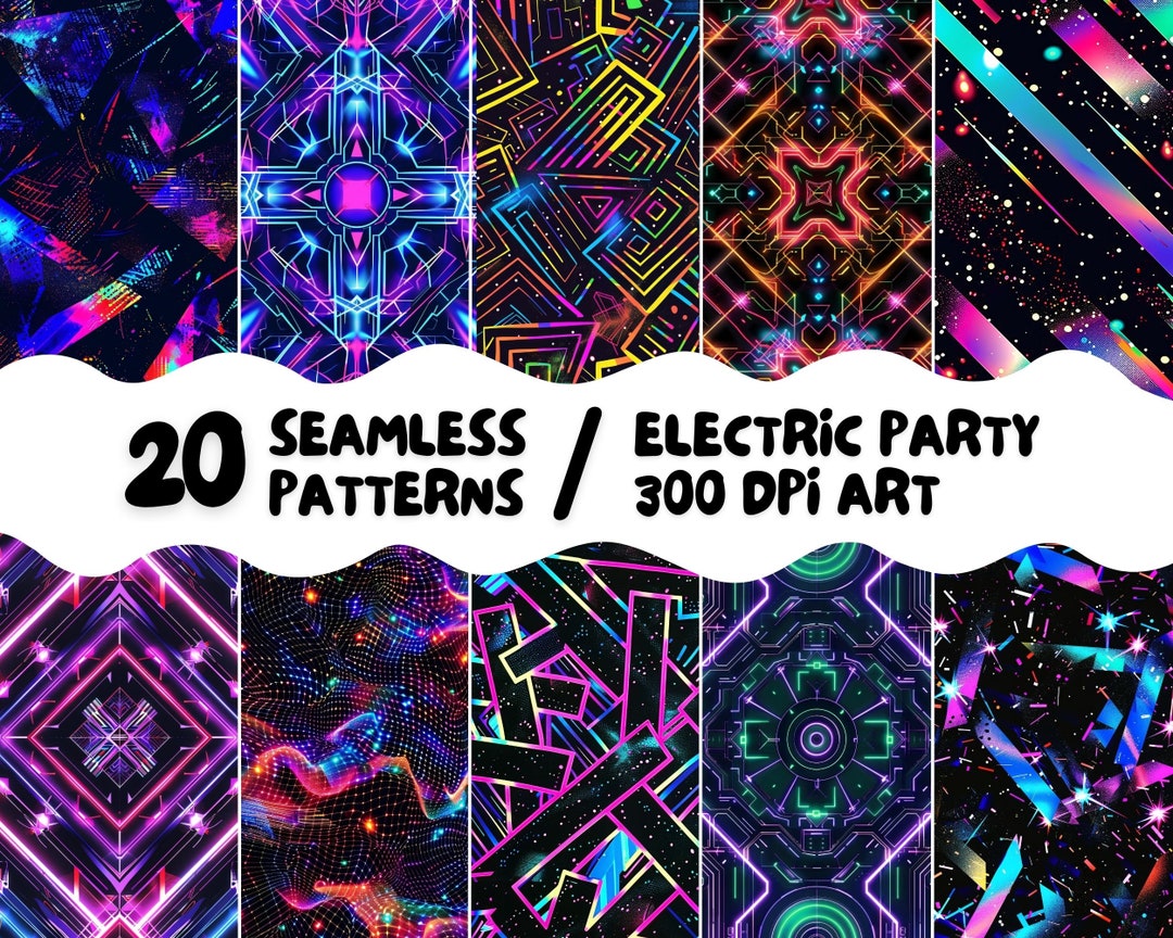 Neon Rave Pattern Electric Party Seamless Pattern Set 20 Digital High Quality Printable ...