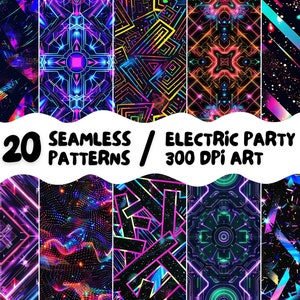 Puede incluir: 20 patrones de fiesta eléctrica de neón sin costuras en una variedad de diseños, que incluyen geométricos, abstractos y con temática espacial. Los patrones son todos de 300 DPI y son perfectos para crear diseños digitales o impresos.