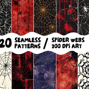 May include: A digital art collection featuring 20 seamless spider web patterns. The designs showcase various color schemes, including black and white, red, and gold, with a 300 DPI resolution. The text reads "20 Seamless Patterns / Spider Webs 300 DPI Art."