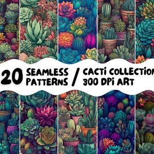 Cactos Suculentas Padrão Sem Costura Digital Conjunto 20 Imagens Imprimíveis de Alta Qualidade Uso Comercial Coleção de Arte Natureza Papel de Parede DIY Estacionário