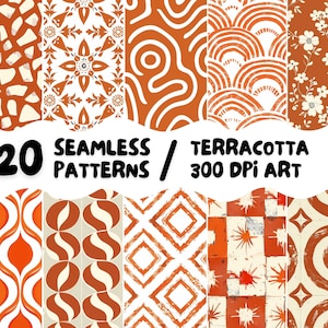 Peut inclure: Une collection de 20 motifs terracotta sans couture avec divers motifs, notamment floraux, géométriques et abstraits. Les motifs sont dans des tons orange et blanc, avec le texte "20 SEAMLESS PATTERNS / TERRACOTTA 300 DPI ART".