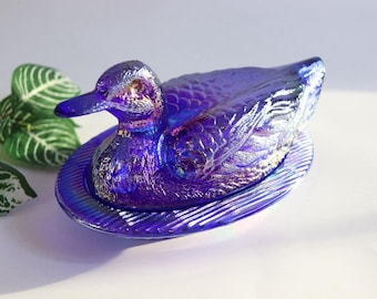 RARE Vintage Cobalt Iridescent Blue Westmoreland Duck Glass Dish 8” - STUNNING