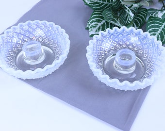 Vtg 40&#39;s Fenton White Opalescent Diamond Lace Hobnail Glass Candle Holder Set