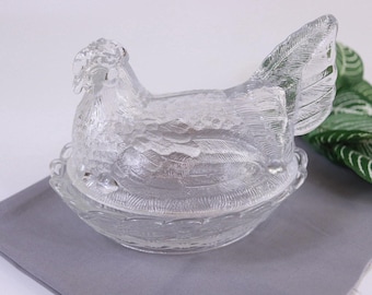 Vintage LG Wright Clear Glass 8-inch Hen On Nest Lidded Candy Dish Large