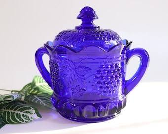 Vintage Mosser Cobalt Blue Glass candy, nuts Dish with Lid - Grapes in leaf pattern 8”