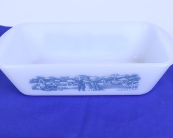 Currier and Ives Glasbake Loaf Pan - White Milk Glass J-522 17