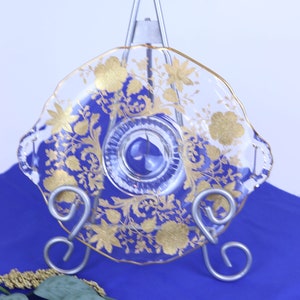 Vintage MCM Footed Glass Candy Dish w/Embossed Gold Flowering 8”