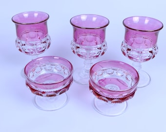 Set Of 5 Vintage Kings Crown Ruby Red Flash Thumprint Goblets & Dessert Dishes