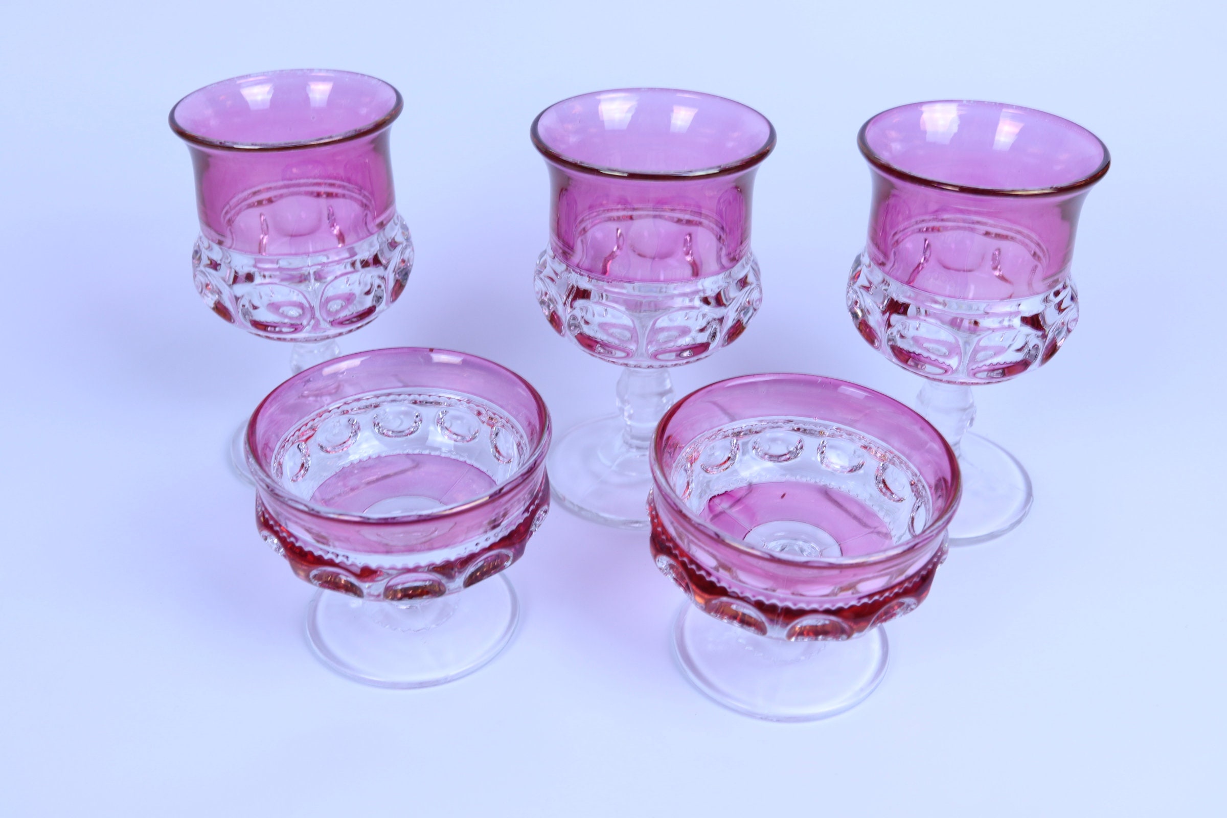 Set Of 5 Vintage Kings Crown Ruby Red Flash Thumprint Goblets & Dessert Dishes