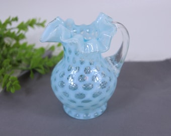Fenton Blue Opalescent Coin Dot 5.25” Pitcher Ruffled Crimped Crystal Handle