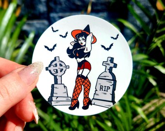 Graveyard Pin-Up Witch Sticker – Spooky Retro Halloween Vibes