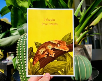 Funny Lizard Art Print - Bold Crested Gecko Illustration - Reptile Lover Gift