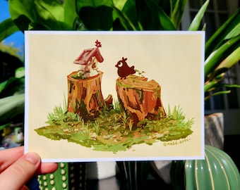 May include: A whimsical illustration depicts a bird and a miniature house atop tree stumps, surrounded by grass. The artwork features warm tones of brown, green, and beige. The artist's signature, @madd.arts-, is visible in the lower right corner.
