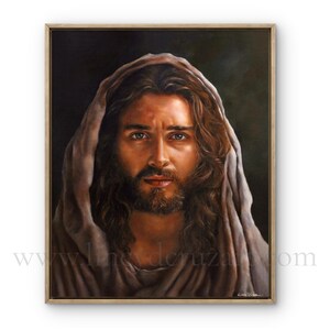 May include: A framed portrait depicts a man with long, flowing brown hair and a beard, wearing a draped garment. The artwork features a warm color palette with a focus on the subject's face, set against a dark background. The website address www.linederuza.com is visible.
