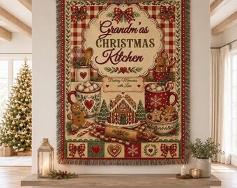 Grandma Christmas Woven Blanket, Personalized Holiday Baking Gift for Grandma, Nana Kitchen Throw Blanket