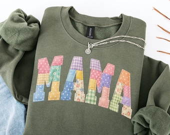 Mama Sweatshirt Faux Quilted Patchwork Mama Gildan 18000 Mother's Day Sweatshirt New Mama Gift Cottagecore Mama Crewneck Mama Gift