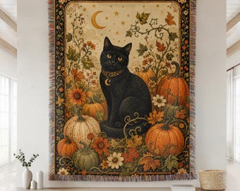 Black Cat Halloween Woven Blanket, Pumpkin Garden Throw, Fall Cottagecore Cat Blanket, Vintage Spooky Home Decor
